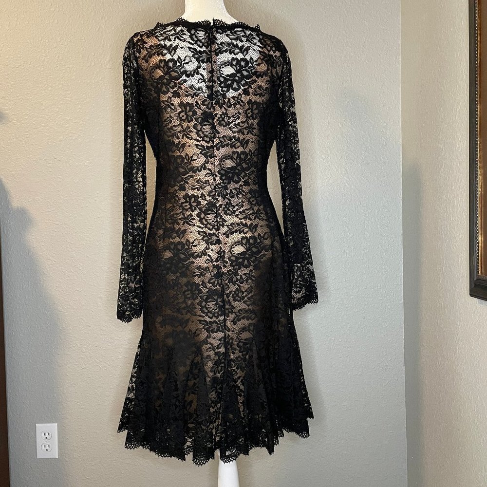 NWT Oscar de la Renta Black Lace Long-Sleeve Fit-and-Flare Dress - Picture 3 of 15